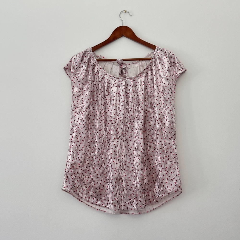 LC Lauren Conrad Velvet Floral Top Large Pink Rose Keyhole Tie